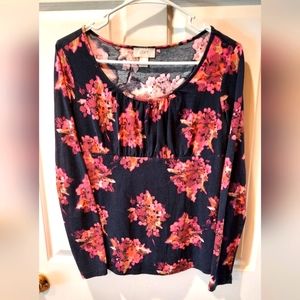 Loft Blouse Womans Small Pink Black Floral Casual Classic Business Casual Travel
